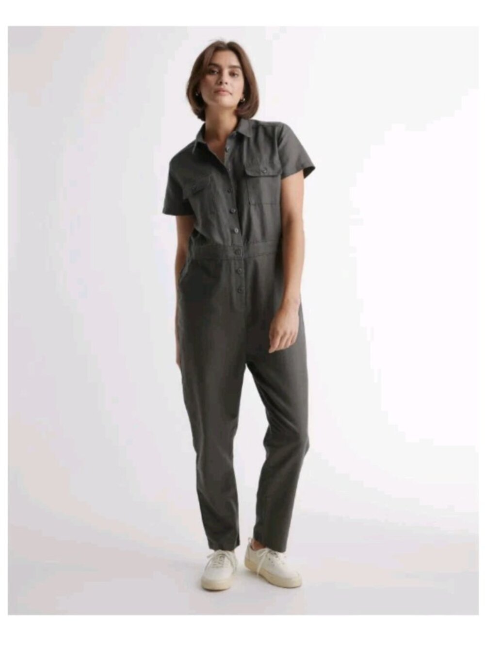 QUINCE Cotton Linen Twill Short Sleeve Coverall Jumpsuit S Charcoal Grey